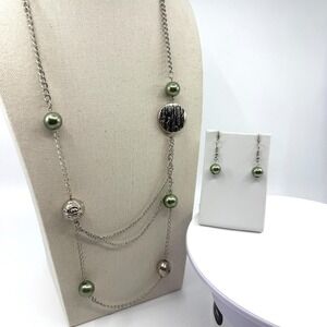 Sage Green Faux Pearl‎ Statement Necklace & Earrings Set Layering Festival Chic